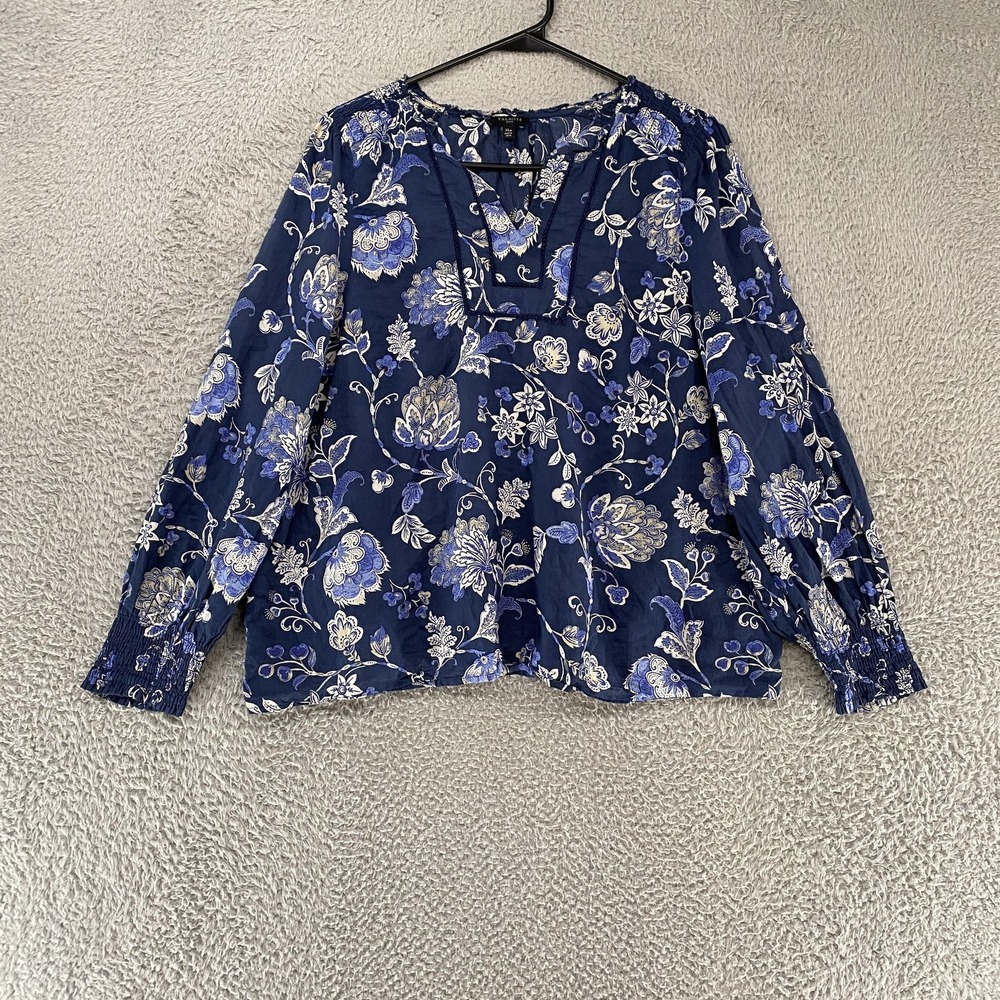 Talbots Blouse Womens XL Petite Navy Blue Floral Peasant Split Neck Office Work